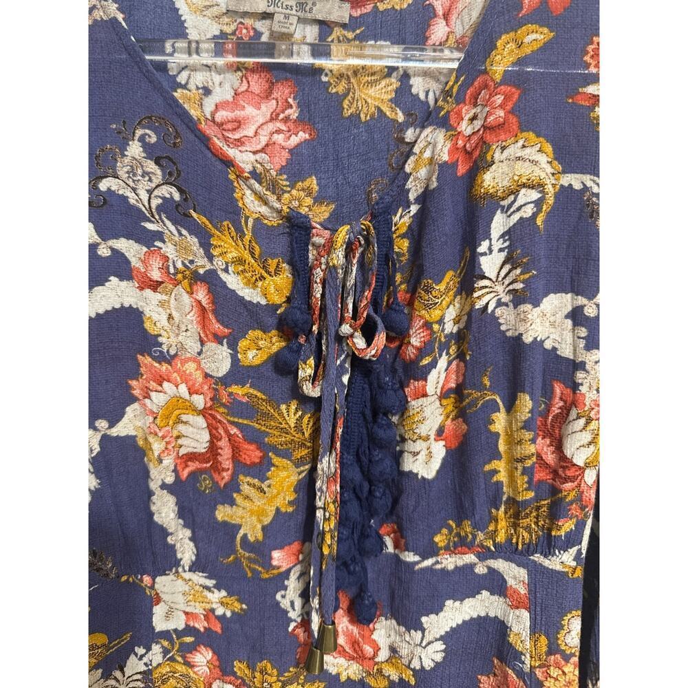 Miss Me Boho Floral Peasant Blouse Multi Tie Neck Tassel Sleeve Top Womens Med - Picture 3 of 11